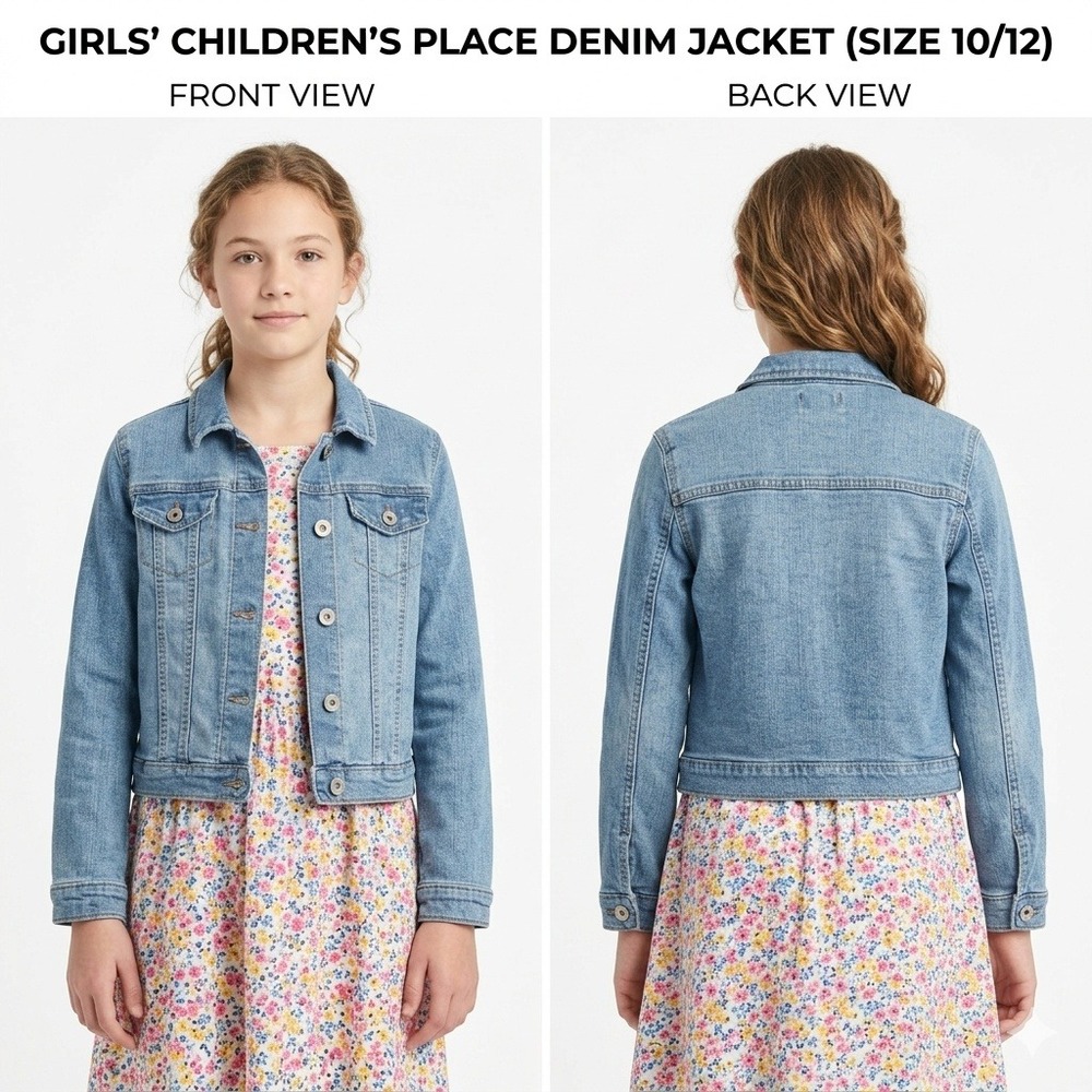 The Childrens Place Girls L 10/12 Denim Jacket Medium‎ Wash Blue Stretch